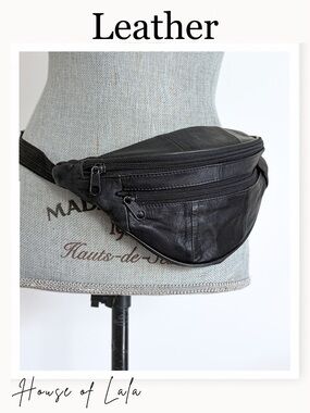 Vintage Black Leather Waist Bag, Fanny Pack, Travel Vacation Purse.